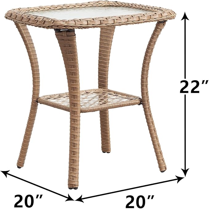 Rilyson Patio Tables Wicker Side Table - Rattan Coffee Tables with Glass Top End Table for Outdoor Outside Patio Porch Square Yellow