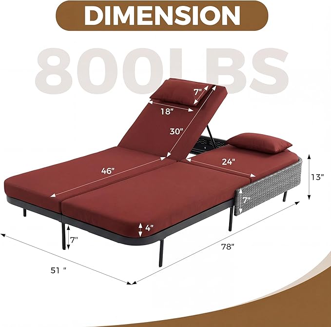 NICESOUL Double Chaise Lounge Outdoor, 51.2" Wide 2-Person Daybed with Independent Recline - Photo 2