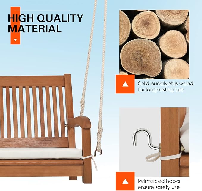 Tangkula 2 Person Hanging Porch Swing, Outdoor Bench Swing with Hanging Ropes, High Back, Cozy Armrests - Photo 5