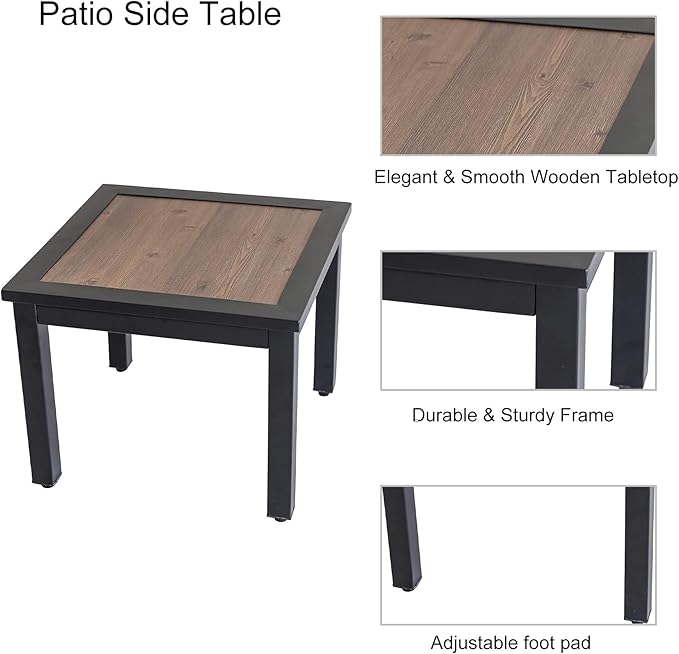 LOKATSE Home Outdoor Square Metal Coffee Side Table Patio Furniture with Wood Grain Top for Backyard, Deck, Lawn, Garden