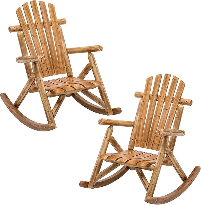 Anraja Outdoor Rocking Chairs Set of 2 Wood Log Furniture Rustic Patio Porch Rocker Comfy Lawn Beach Balcony, Lightly Toasted