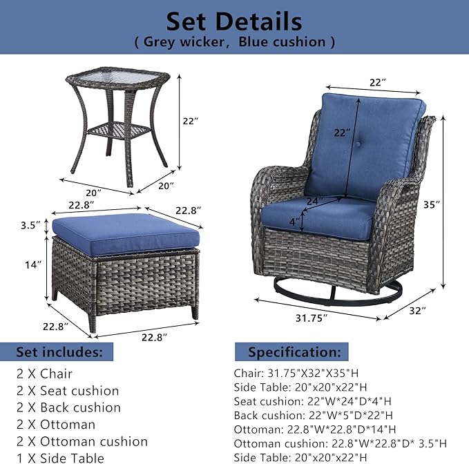 Belord 5 Piece Wicker Patio Furniture Set, Outdoor Swivel Rocker Chairs Set of 2 with Ottomans and Side Table - Photo 9