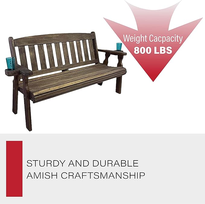 Amish Casual Heavy Duty 800 Lb Mission Pressure Treated Garden Bench with Cupholders (5 Foot, Dark Walnut Stain)