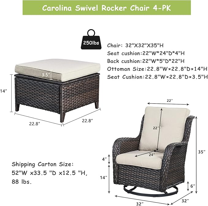 Rilyson Wicker Patio Furniture Set - 4 Piece Rattan Outdoor Sectional Conversation Sets with 2 Swivel Rocking Chairs - Photo 2