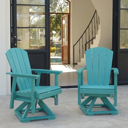 HDPE Swivel Glider Chair Outdoor, Weather Resistant Adirondack Outside Rocking Chair, Wooden Textured Outdoor Swivel Chair Set of 2 for Porch, Balcony, Poolside, Backyard (Aruba Blue)