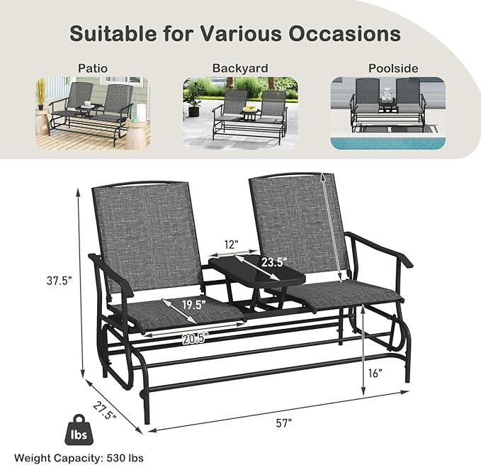 Tangkula 2 Person Swing Glider Chair, Patio Rocking Loveseat w/Center Tempered Glass Table - Photo 3