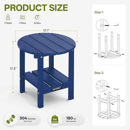 Outdoor Side Table Round - Patio Side Tables - HDPE Small Outdoor End Table for Backyard Pool Porch Balcony - Double Layer Storage - Navy (Wood Grain Finish)