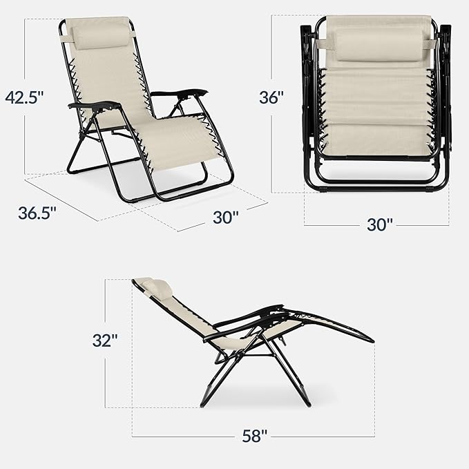Best Choice Products Set of 2 Extra Wide Adjustable Steel Mesh Zero Gravity Lounge Chair Recliners w/Pillows and Cup Holder Trays - Ivory
