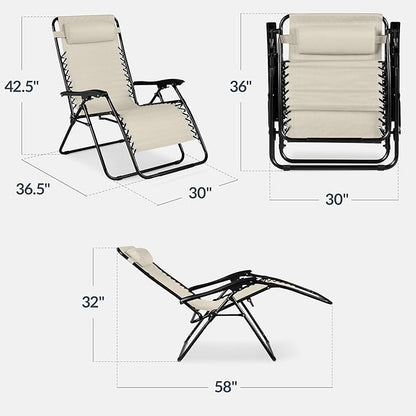 Best Choice Products Set of 2 Extra Wide Adjustable Steel Mesh Zero Gravity Lounge Chair Recliners w/Pillows and Cup Holder Trays - Ivory