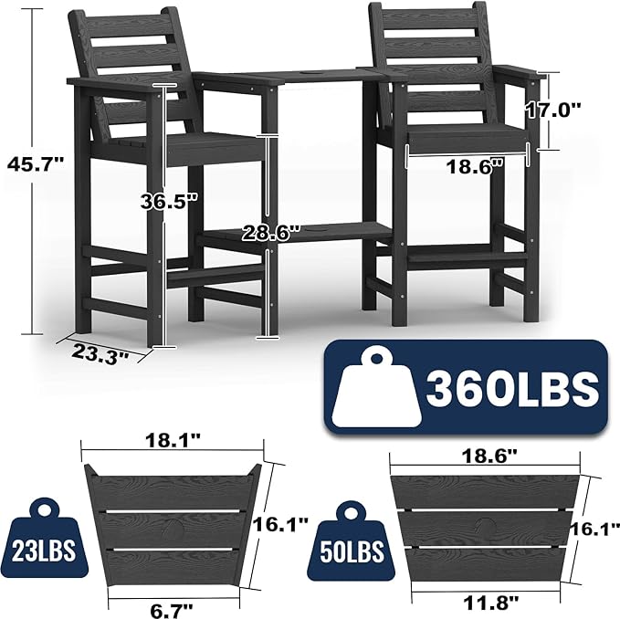 PLUUV Tall Adirondack Chairs Set of 2, All Weather HDPE Poly Bar Height Balcony Adirondack Chair with Removable Double Connecting Trays, Outdoor Adirondack Barstools for Deck, Patio, Yard, Pool, Lawn