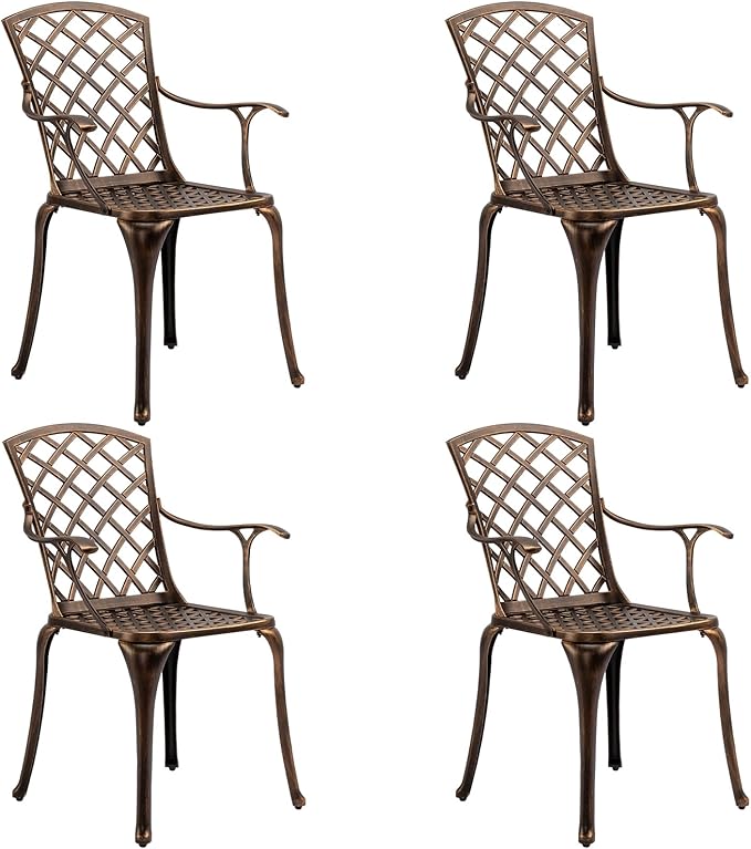 VINGLI Outdoor Dining Chairs Set of 4 Aluminum Patio Chairs, Cast Aluminum Patio Furniture Aluminum Outdoor Chairs for Backyard, Poolside, Balcony Bronze (4, Grid Back Without Cushion)