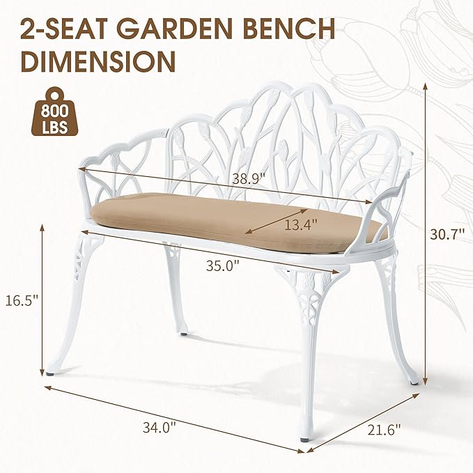 Outdoor Bench with Cushion, Cast Aluminum Double Seating with Backrest and Armrests, Mental Outdoor Furniture for Patio, Porch, Garden, Park, White Tulip