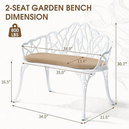 Outdoor Bench with Cushion, Cast Aluminum Double Seating with Backrest and Armrests, Mental Outdoor Furniture for Patio, Porch, Garden, Park, White Tulip