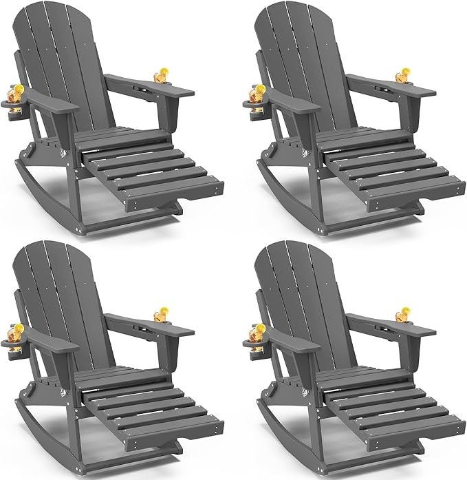 Adirondack Rocking Chairs Set of 4 with Retractable Ottoman, All Weather Folding Adirondack Chair with Two Cup Holders, Adirondack Outdoor Rocking Chairs for Porch, Patio, Balcony. Grey