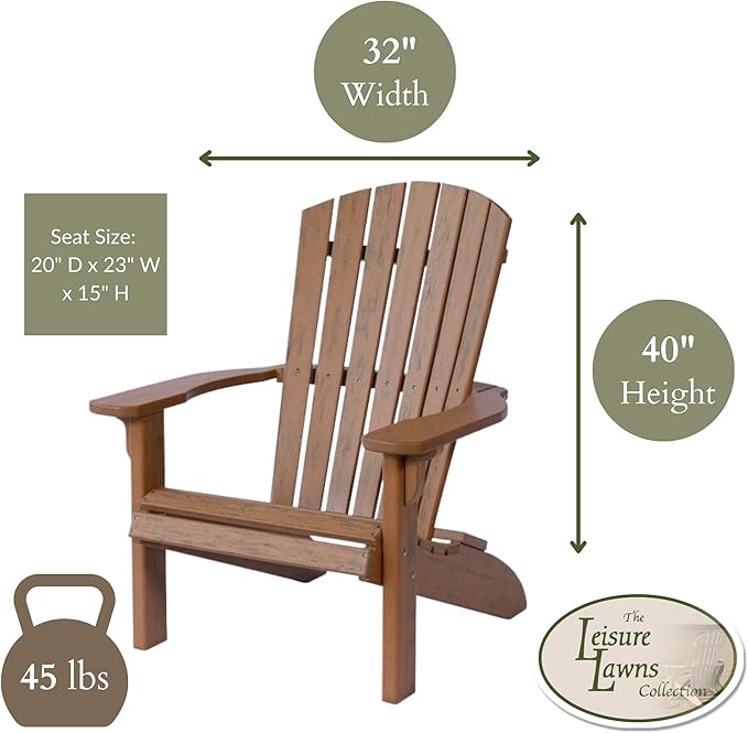 Leisure Lawns Poly Plastic Fanback Adirondack Chair, Outdoor Patio Chair - Amish Made in USA (Rustic Nutmeg)