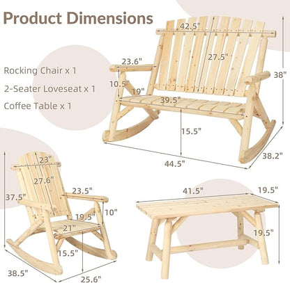3-Piece Outdoor Wood Rocking Bistro Set, Rustic Wooden Conversation Set Including 2-Seater Loveseat, Log Rocker Chair and Coffee Table, Patio Furniture Chair Set for Lawn Yard Park, Natural