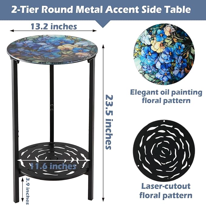 2-Tier Metal Round Side Table Black Accent Coffee Tables Small Space Corner Plant Stand Shelf for Indoor Outdoor Use - Photo 3