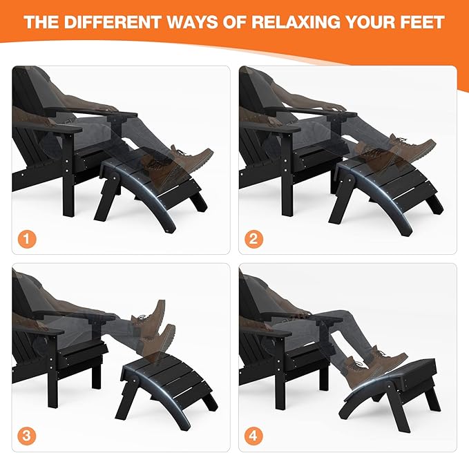 YEFU Adirondack Ottoman Set of 2, Patio Foot Rest, Adirondack Foot Rest, Folding Adirondack Footstool, Weather Resistant for Adirondack Chair, Widely Used for Outdoor, Porch, Backyard, Fire Pits-Black