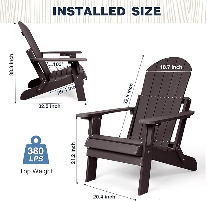 Folding Adirondack Chair, All Weather Resistant Plastic Chair with Cup Holder, Fold or Unfold Easily in 1 Second, Outdoor Chairs for Patio, Garden, Backyard Deck, Lawn Fire Pit(Brown)