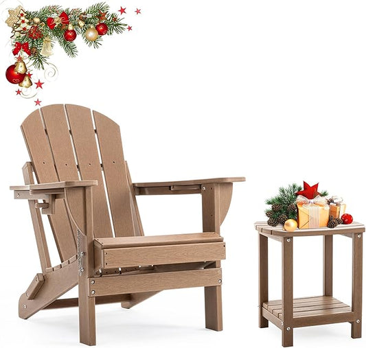 Folding Outdoor Adirondack Chairs Set of 1 with HDPE Side Tables-Plastic Weather Resistant Patio Chairs with Small Outdoor Side Tables 2 Storage for Patio,Fire Pit, Garden and Backyard