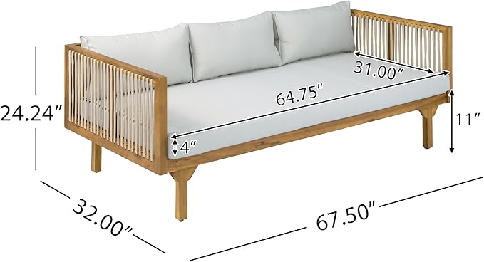 Merax Outdoor Acacia Wood Conversation Set - Patio 3-Seat Loveseat Sofa w/Coushion and Round Coffee Table for Backyard, Lawn, Balcony, Water Repellent, 600 lbs Sofa Capacity, Teak +Light Gray