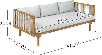 Merax Outdoor Acacia Wood Conversation Set - Patio 3-Seat Loveseat Sofa w/Coushion and Round Coffee Table for Backyard, Lawn, Balcony, Water Repellent, 600 lbs Sofa Capacity, Teak +Light Gray