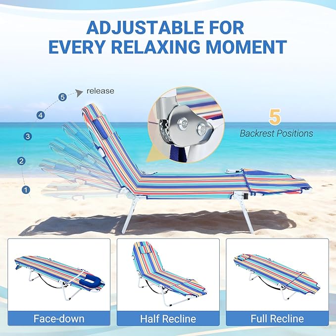 DoCred Heavy Duty Tanning Chair with Face Hole, Adjustable 5-Position Folding Chaise Lounge Chairs for Outside, Portable Lay Flat Beach Lounge Chair for Outdoor Sunbathing Beach Pool Lawn Camping