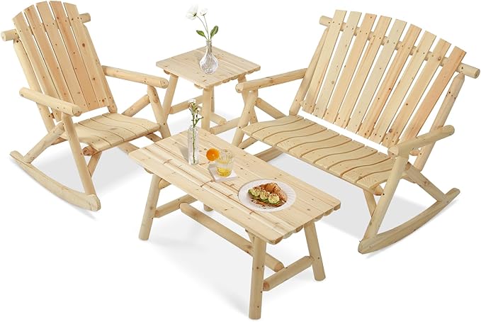 4-Piece Outdoor Wood Rocking Bistro Set, Rustic Wooden Conversation Set Including 2-Seater Loveseat, 2 Coffee Table, Log Rocker Chair, Patio Furniture Chair Set for Lawn Yard, Natural
