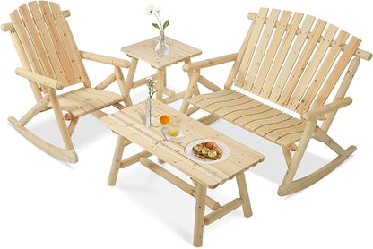 4-Piece Outdoor Wood Rocking Bistro Set, Rustic Wooden Conversation Set Including 2-Seater Loveseat, 2 Coffee Table, Log Rocker Chair, Patio Furniture Chair Set for Lawn Yard, Natural