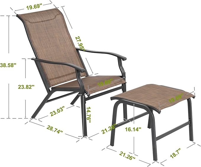 NUU GARDEN Outdoor Patio Chaise Lounges Chair, Recliner Chairs with Ottoman, All-Weather Textilene Chaise Lounge with Metal Frame, Outdoor Lounge Chairs for Patio, Backyard, Deck, Brown