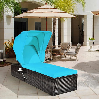 COSTWAY Patio Rattan Lounge Chair Chaise Cushioned Top Canopy Adjustable Turquoise