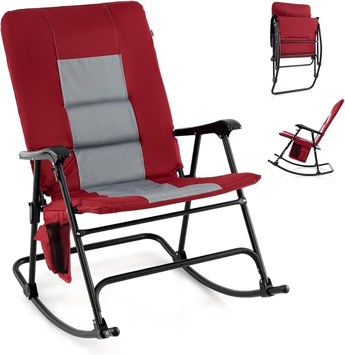 Goplus Oversized Folding Rocking Chair, Padded Patio Lounge Rocker w/Metal Frame, Armrests, Side Pocket, Lightweight Portable Rocking Chair for Backyard Camping Travel, Supports up to 500 lbs(1,Red)