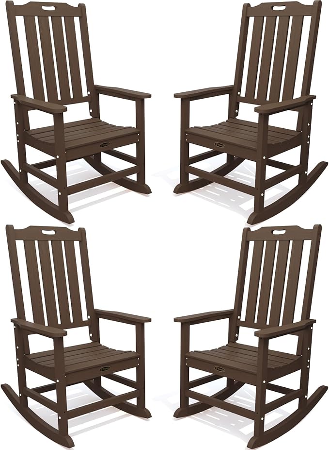Oversized Rocking Chair Set of 4, Outdoor Rocking Chair for Adults, All Weather Resistant Porch Rocker for Lawn Garden, Brown
