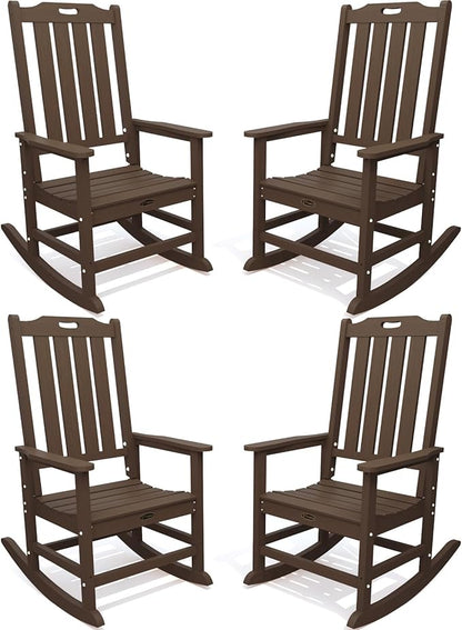 Oversized Rocking Chair Set of 4, Outdoor Rocking Chair for Adults, All Weather Resistant Porch Rocker for Lawn Garden, Brown