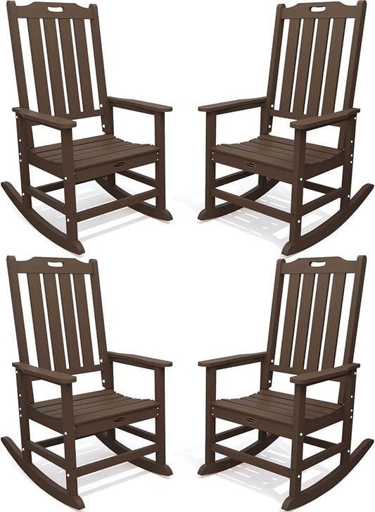 Oversized Rocking Chair Set of 4, Outdoor Rocking Chair for Adults, All Weather Resistant Porch Rocker for Lawn Garden, Brown