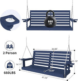 Plawdlik Porch Swings,2 Seat Patio Chair with Two Cup Holders,HDPE Waterproof Bench for Courtyard-Navy Blue - Photo 4