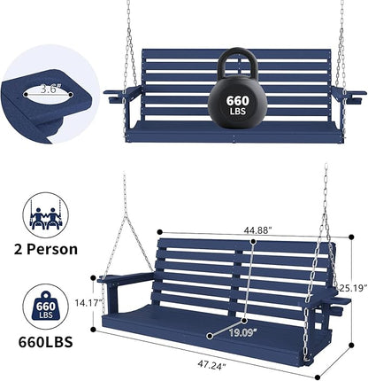 Plawdlik Porch Swings,2 Seat Patio Chair with Two Cup Holders,HDPE Waterproof Bench for Courtyard-Navy Blue
