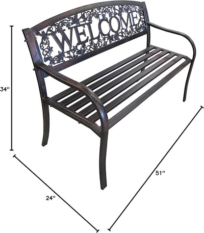 Leigh Country Metal Outdoor Bench, Welcome Design, Decorative Patio Seating for Porch/Deck