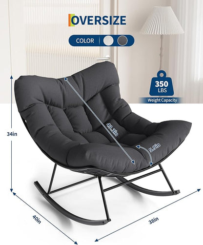 GarveeLife Outdoor Papasan Rocking Chair, Oversized Rocking Chair with Sturdy Metal Frame, Patio Rattan Egg Rocker for Balcony Backyard Porch Bedroom, Grey