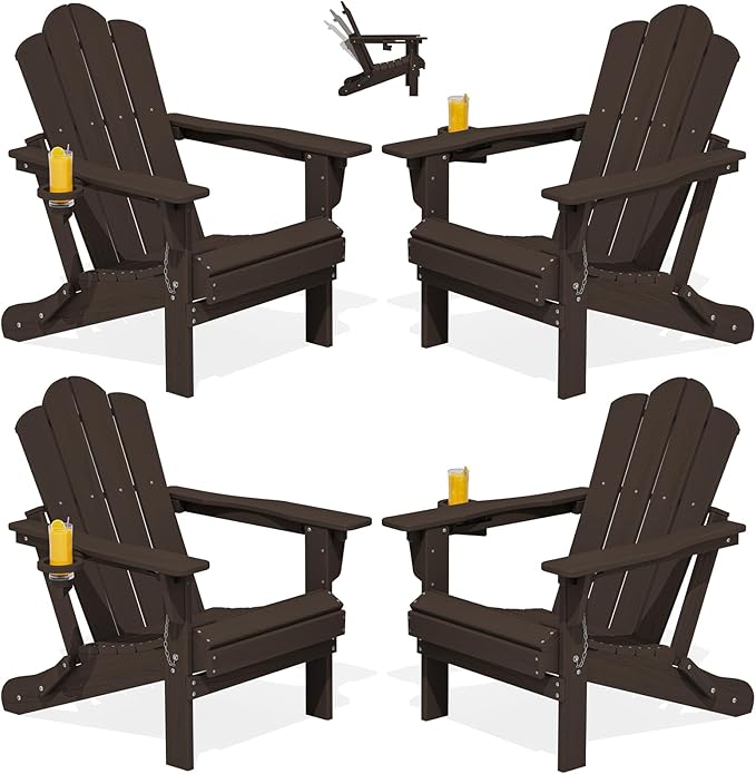 KINGYES Adjustable Folding Adirondack Chair Set of 4, 3-Position Reclining Adirondack Chairs with Cup Holder, HDPE All-Weather Oversized Adirondack for Outdoor, Patio, Backyard Deck, Fire Pit, Coffee