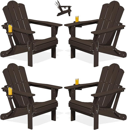 KINGYES Adjustable Folding Adirondack Chair Set of 4, 3-Position Reclining Adirondack Chairs with Cup Holder, HDPE All-Weather Oversized Adirondack for Outdoor, Patio, Backyard Deck, Fire Pit, Coffee