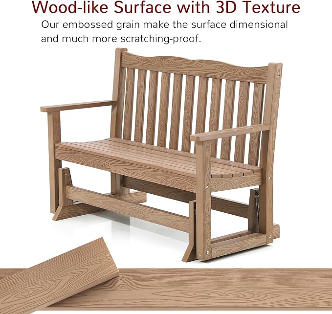 Stoog Outdoor Gliders Set of 2, All-Weather HIPS Glider Bench for Outside, Never Fade or Rot, Teak - Photo 6