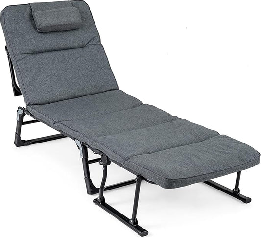 Giantex Folding Patio Lounge Chair with 6-Level Adjustable Backrest, Outdoor Foldable Bed with Detachable Cushion and Armrest, Head Pillow, Portable Camping Cot for Yard, Bench, Office, Home (1)
