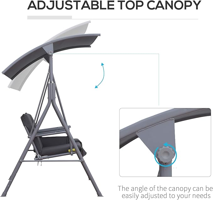 Outsunny 2 Person Porch Swing with Stand, Outdoor Swing with Canopy, Pivot Storage Table, 2 Cup Holders - Photo 3