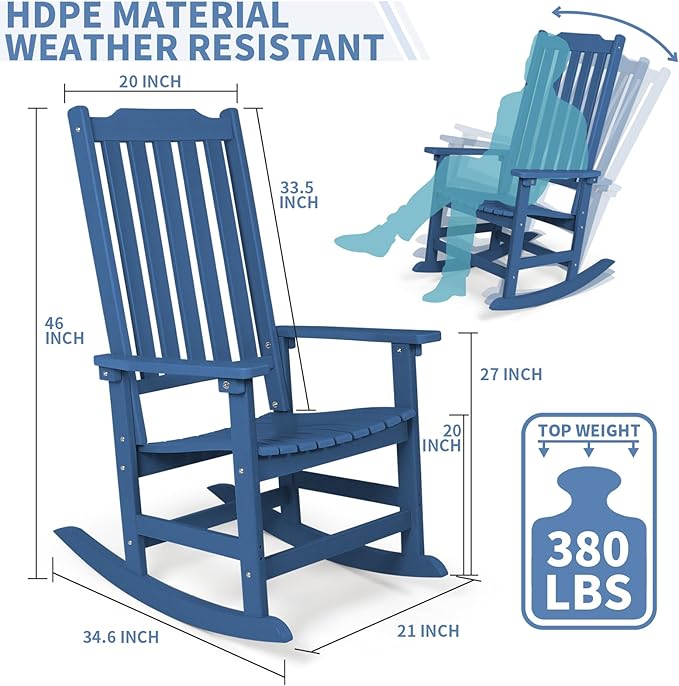 Outdoor Rocking Chair, Oversized All Weather High Back Porch Rocker, Patio Rockers for Outside