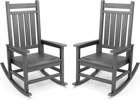 SERWALL Outdoor Rocking Chair Set of 2, HDPE Rocking Chairs for Adult, All Weather Porch Rockers for Lawn Garden, Grey