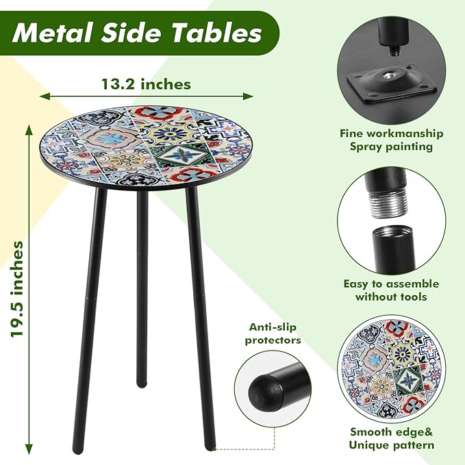 2 Packs Metal Mosaic Round Side Tables 13.4" Small Outdoor Patio Round Accent Coffee Tables Indoor Corner Stand for - Photo 3
