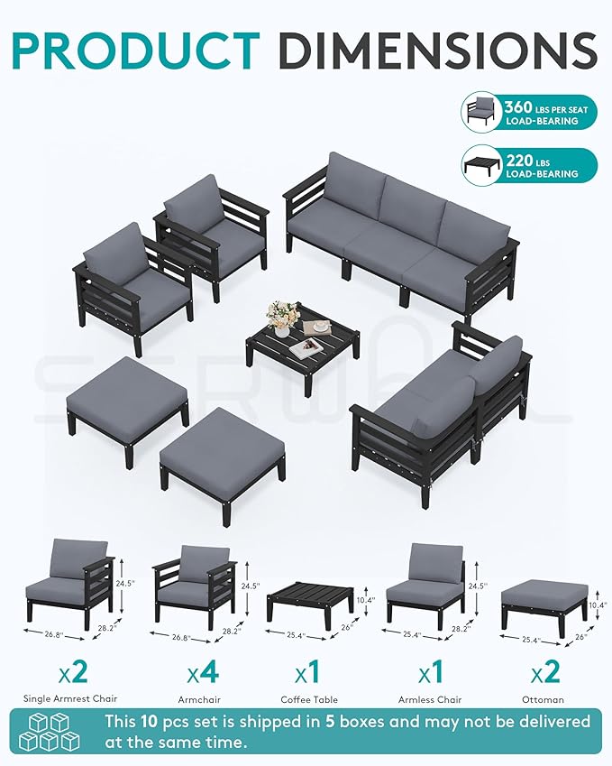 SERWALL HDPE Patio Furniture Set, 10 Pieces Outdoor Sectional Sofa Set - Photo 6