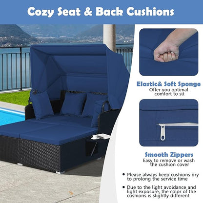 LDAILY Moccha Outdoor Daybed with Retractable Canopy, Wicker Cabana with 2 Side Tables & Soft Cushions,Hand-Woven PE Rattan Bed Lounger, Patio Sectional Furniture Set for Garden Backyard Porch (Navy)