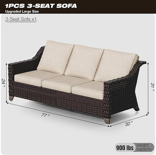 Joyside Patio Sofa - 3 Seater Rattan Sofa, All Weather High Back Sofa, Upgraded Large Size with 4inch Seat Cushions for Backyard, Garden, Poolside (Brown/Beige)